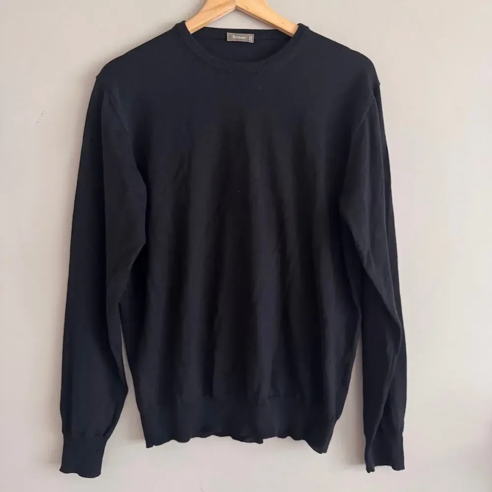 ferrante Black Crewneck Merino Wool Sweater Made in Italy Size 50 Medium